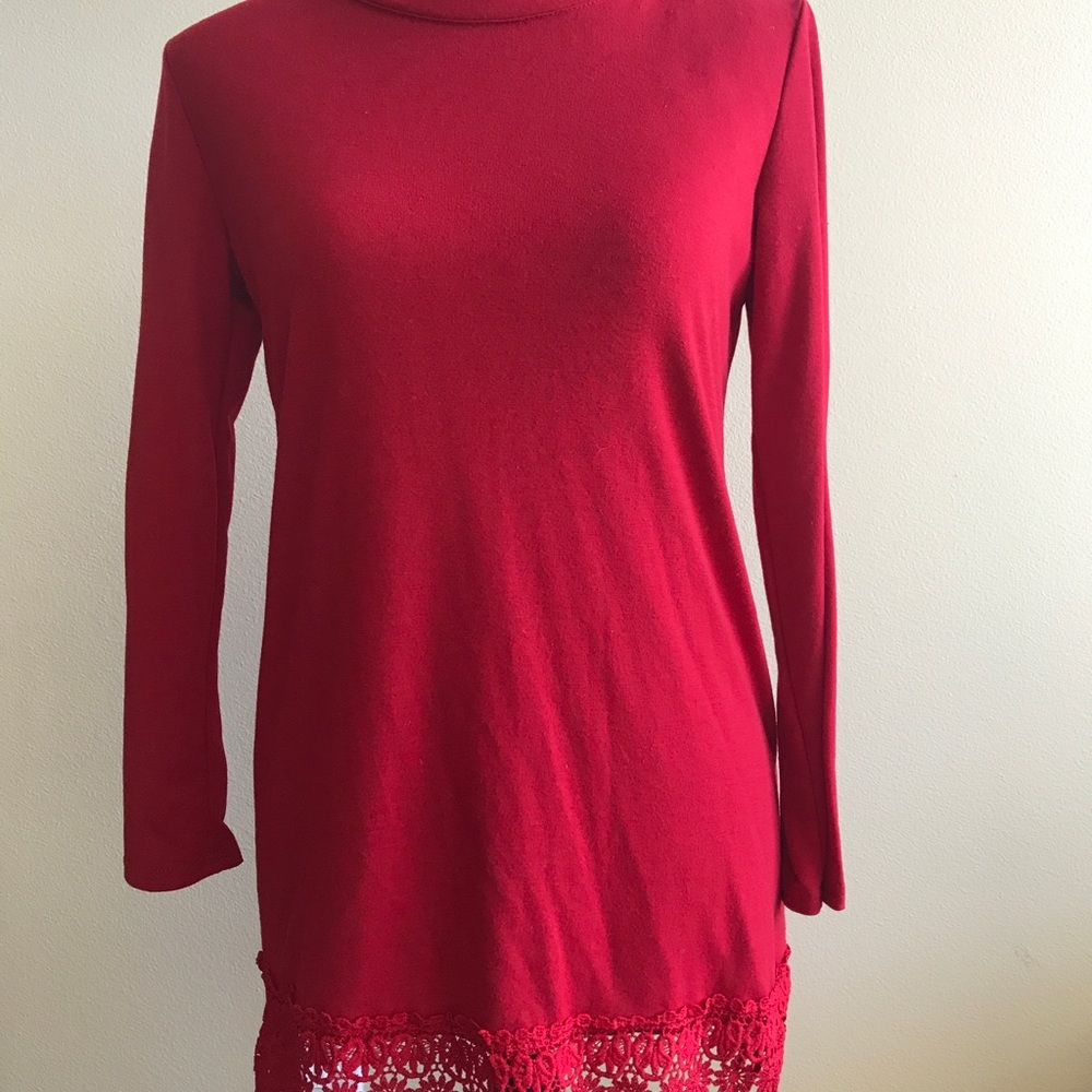 Red long sleeve Tee with lace on bottom